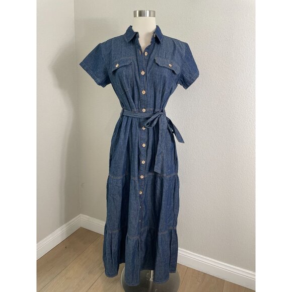 NEW J Gee Womens Small Denim Button Up Tiered Midi Dress Pockets & Belted Waist - Picture 1 of 12